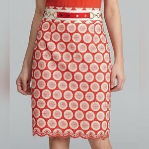 Antonio Melani Embroidered Pencil Skirt Size 6 Red Orange‎ Gold Scalloped Office